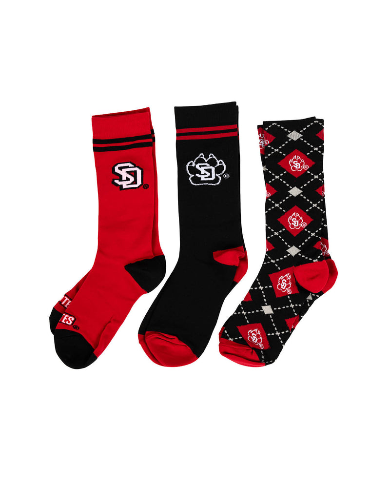 Long red sock with SD logo, long black sock with white SD Paw logo, and long black and red knitted SD paw sock