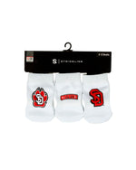 3 pack of white socks with SD paw logo, Coyotes, and SD logo