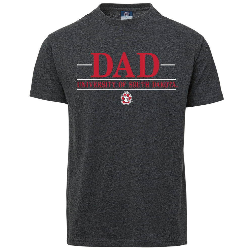 Charcoal gray tee with text that says 'DAD UNIVERSITY OF SOUTH DAKOTA' with the SD Paw logo underneath