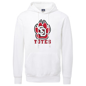 White hoodie with SD paw and red Yotes lettering