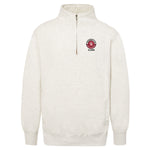 Oatmeal quarter zip with left chest red and black logo and 'UNIVERSITY OF SOUTH DAKOTA ALUMNI.'