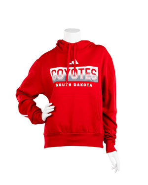 Red Adidas pullover hood with white Coyotes South Dakota lettering on chest and three stripes on arm