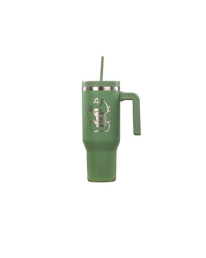 Green metal travel tumbler with straw and handle and large silver SD Paw logo on side