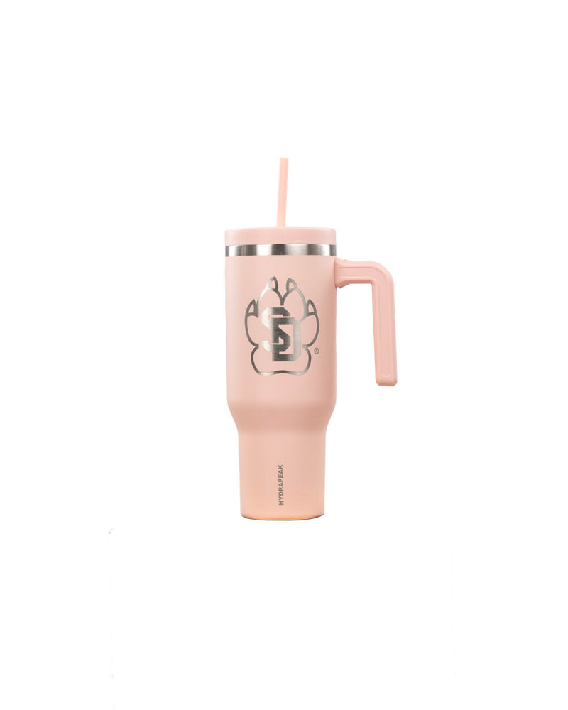 Light pink metal travel tumbler with straw and handle and large silver SD Paw logo on side