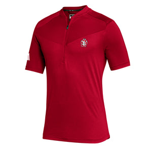 Front of red polo with SD paw on left chest 