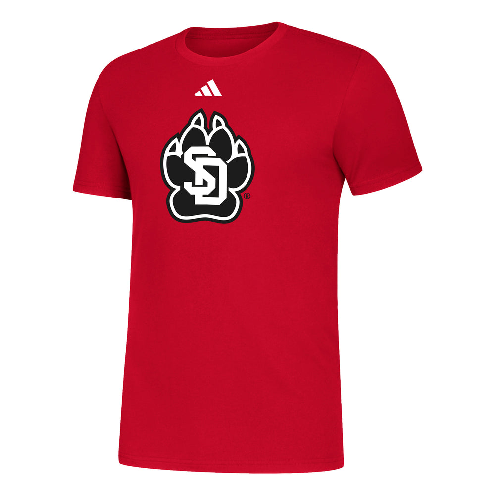 Red Adidas tee with black and white SD Paw logo on chest and white Adidas logo above