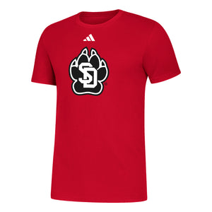 Red Adidas tee with black and white SD Paw logo on chest and white Adidas logo above