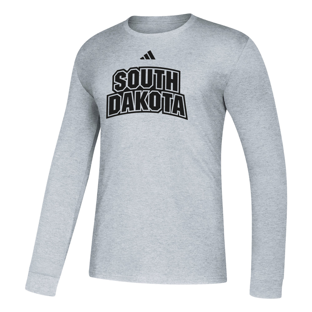 Adidas gray long sleeve with black text that says, 'SOUTH DAKOTA' and a black Adidas logo above it