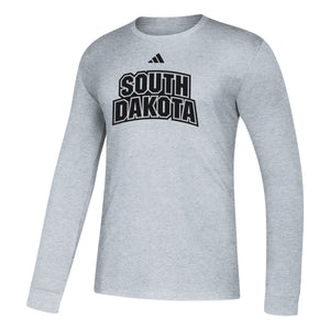Adidas gray long sleeve with black text that says, 'SOUTH DAKOTA' and a black Adidas logo above it
