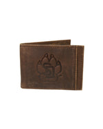 Brown bifold leather wallet with front pocket and SD Paw logo on front