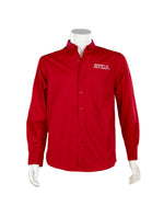 Red long sleeve button up with white University of South Dakota in white on left chest 