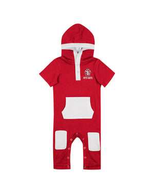 Red infant romper with white patches and SD paw logo on top right chest