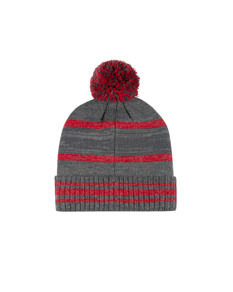 Back of red and grey knitted beanie with red pom pom