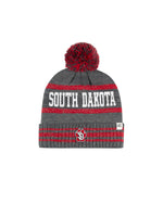 Grey and red beanie with red pom pom and white South Dakota lettering and SD paw logo