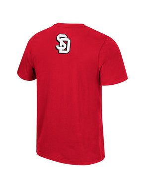 Back of red short sleeve with a white SD logo
