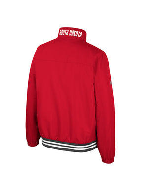 Back of men's red polyester bomber jacket with words, 'SOUTH DAKOTA' on the back of the collar in white