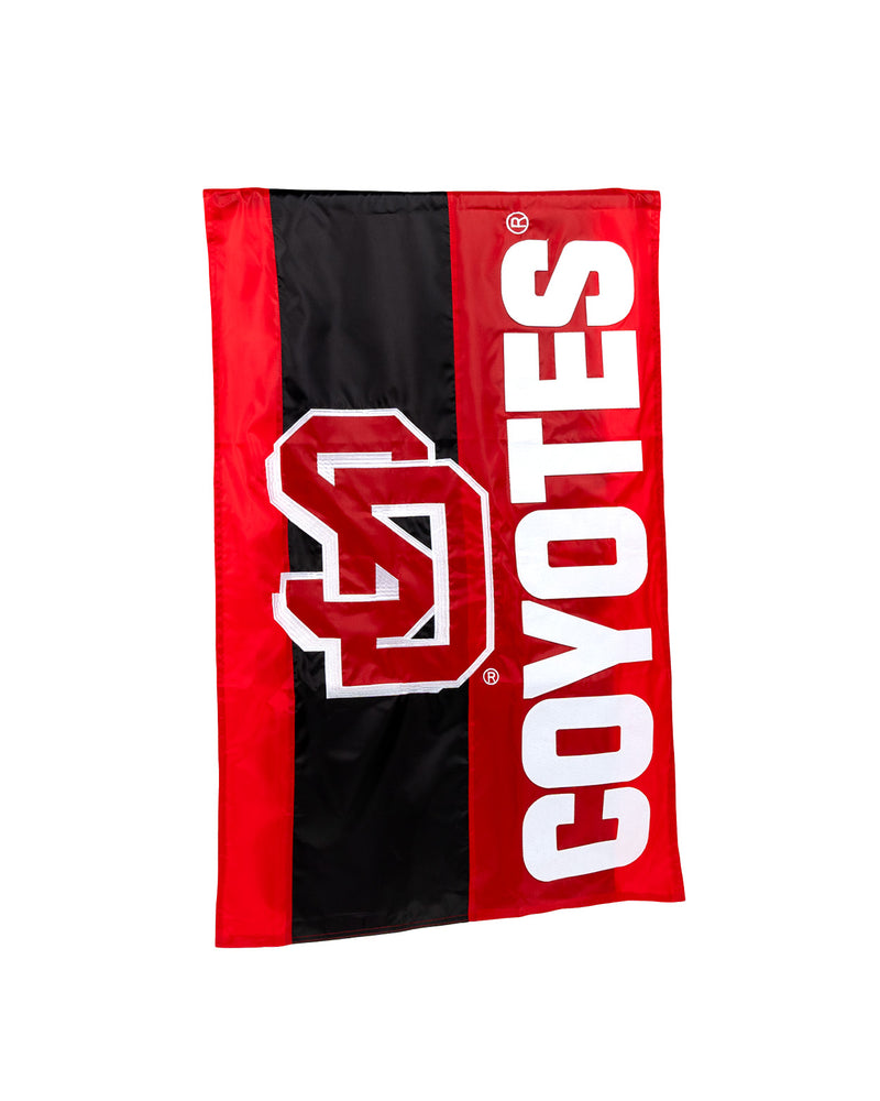 Red an black flag with appliqué red and white SD logo and white text that says, 'COYOTES'