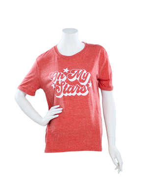 Heathered red tee with white stars and writing across the chest that says, 'Oh My Stars.'