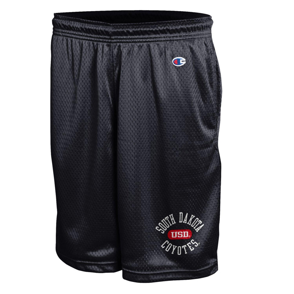 Black mesh shorts with side pockets and white text, ' SOUTH DAKOTA COYOTES USD' on bottom of left leg