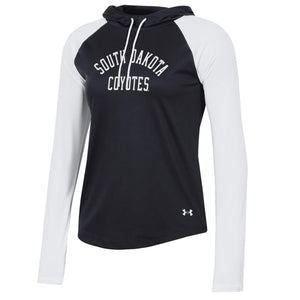 Black and white long sleeve hoodie with South Dakota Coyotes in white lettering on chest