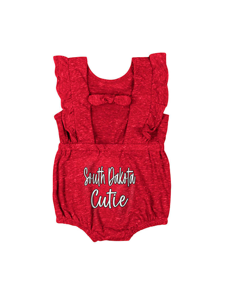 Front of red ruffled onesie that says South Dakota Cutie