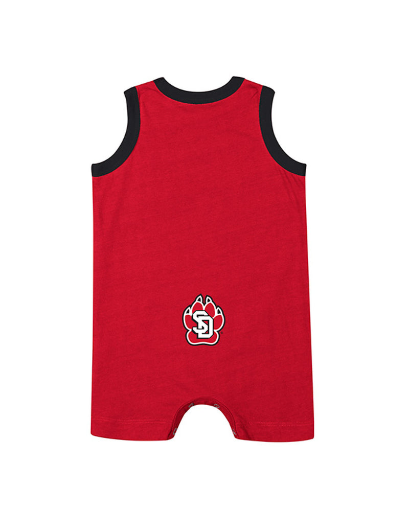 Back of red and black romper with the SD Paw on the bottom area