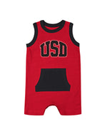 Red and black romper that reads USD on chest