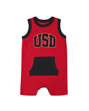 Red and black romper that reads USD on chest