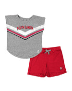 Gray top with red South Dakota lettering and red shorts 