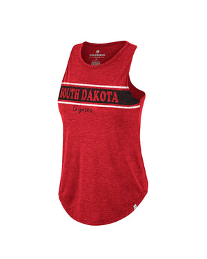 Heathered Red Women's Tank that says South Dakota Coyotes across the chest
