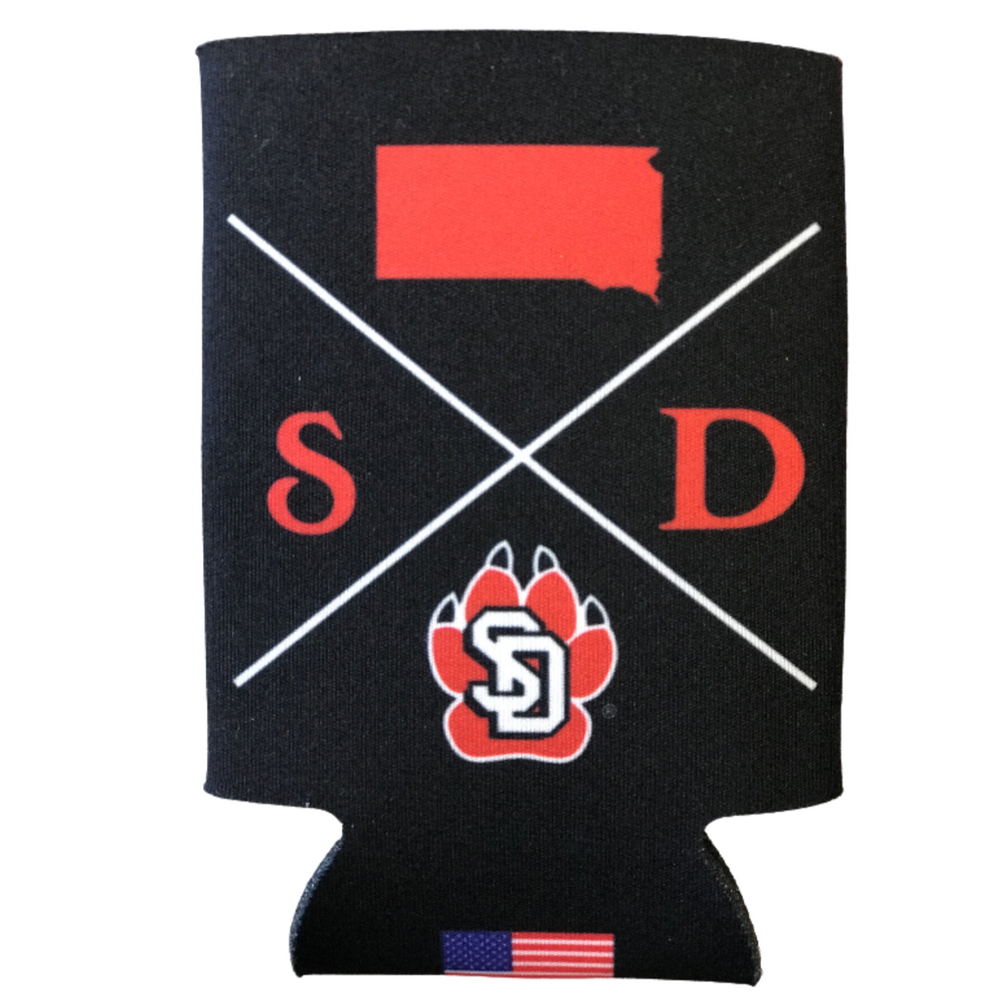 Back of Koozie with cross design with SD, SD paw , and SD state 