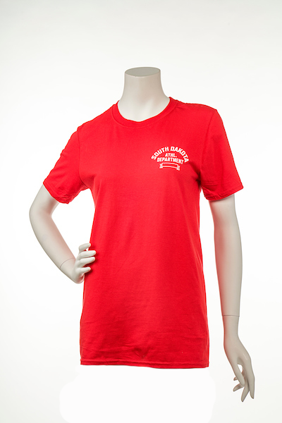 Red tee with Yote Life graphic in white