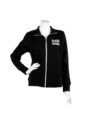 Black full zip with white USD coyote lettering and metallic zipper 