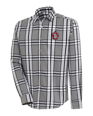 Long sleeve gray and white plaid collard shirt with SD paw logo on top left chest