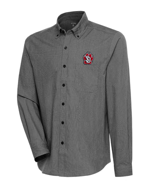 Small black and white checked long sleeve button up with full color SD Paw logo on upper left chest