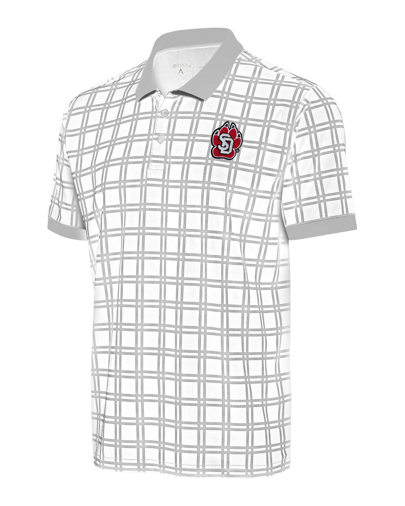 White poly blend polo with gray box plaid pattern and full color SD paw logo on upper left chest