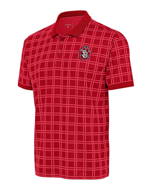 Red poly blend polo with dark red box plaid pattern and full color SD paw logo on upper left chest