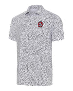 White polo with black floral print and SD paw logo on upper left chest