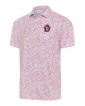White polo with red floral print and SD paw logo on upper left chest