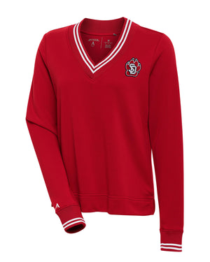 
                
                    Load image into Gallery viewer, Women&amp;#39;s red long sleeve poly terry v-neck with SD paw logo on top right chest and white stripes on sleeve cuffs and neck line
                
            