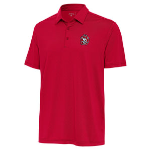 Red polo with sublimated subtle floral pattern and SD Paw logo on upper left chest. 