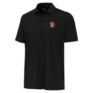 Black sublimated floral design polo with SD Paw logo on upper left chest. 