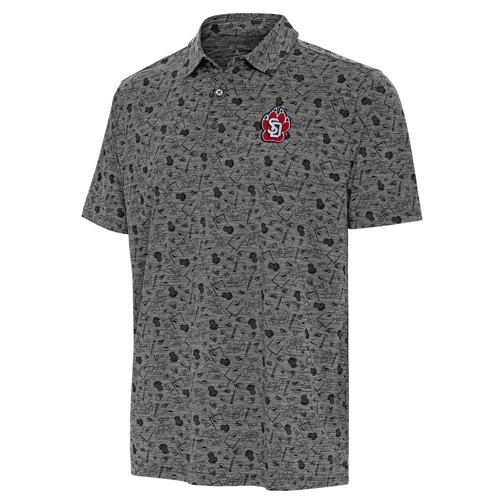 Heathered black polo with a football icons pattern throughout include a football, helmet, etc. and SD Paw logo on upper left chest. 