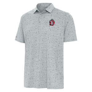 Light heather gray polo covered by a basketball icon pattern including hoops, jerseys, etc. and the SD Paw logo on upper left chest. 