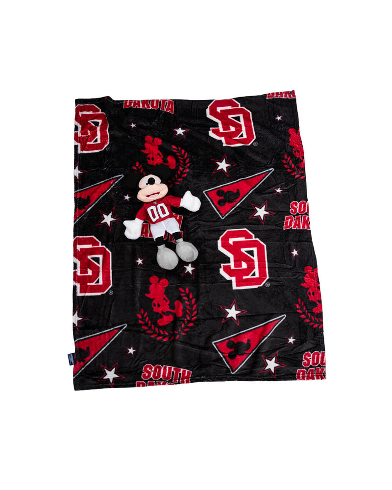 Black plush blanket with SD logo and Mickey with a Mickey stuffed toy