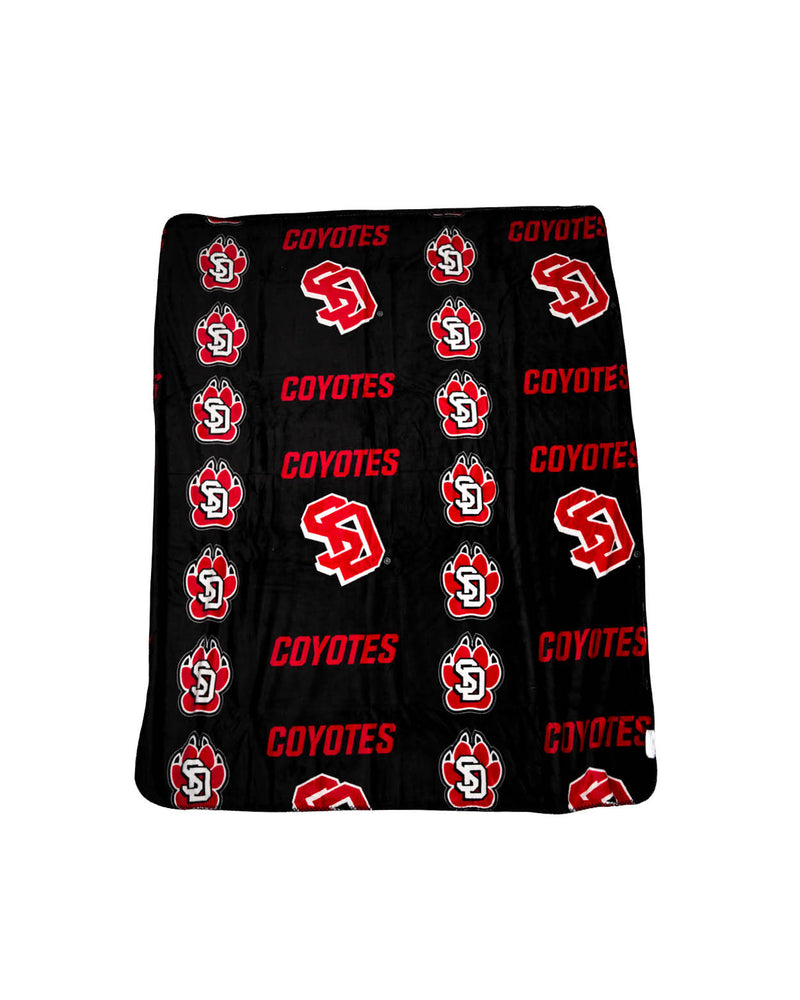 Back of blanket with SD paw logo, SD logo, and red Coyotes lettering
