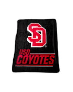 Black plush blanket with SD logo and USD Coyotes 