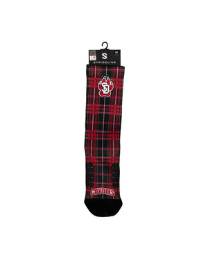 
                
                    Load image into Gallery viewer, Unisex USD socks with red and black plaid and SD paw logo and Coyotes on the toes
                
            