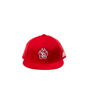 Red Adidas structured snapback hat with SD paw