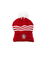 Red Adidas hat with three white stripes and white pom pom and SD paw logo